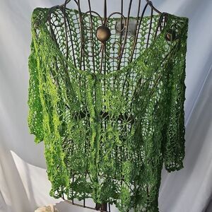 Chartreuse Crochet Short Sleeved Cardigan Sweater Cropped